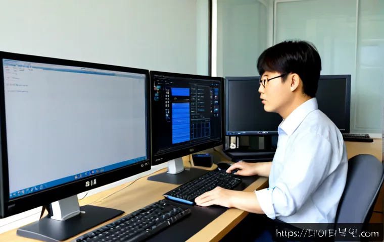 만리동 STATUS_INVALID_CALLER - Photorealistic IT support workstation in a compact Mangni-dong office near an elevated railway, tech...