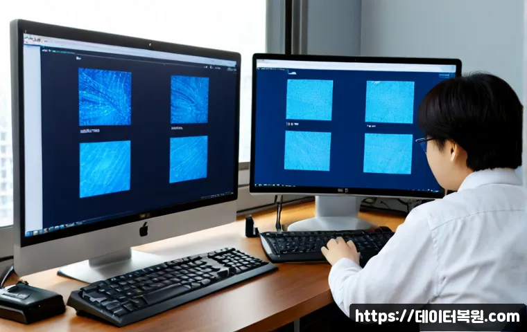 다동 STATUS_KERNEL_EXECUTION_ERROR - Photorealistic IT support workstation in a compact Da-dong office, dual monitors showing abstract bl...
