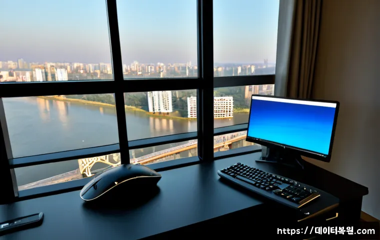 한강로 STATUS_ILLEGAL_INSTRUCTION - Photorealistic premium remote-support workstation in a high-rise apartment near a broad riverside co...