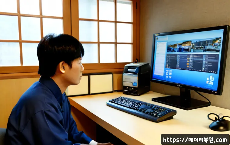누하동 VENDOR_DEFINED_ERROR - Photorealistic remote IT support workstation in a quiet Nuha-dong style hanok office, desktop monito...