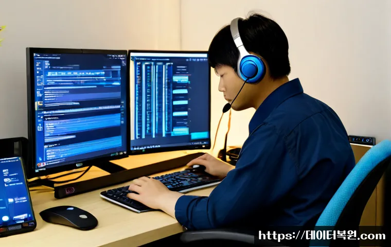 석관동 STATUS_KERNEL_THREAD_INTERRUPTED - Photorealistic IT support workstation in a compact Seokgwan-dong apartment office, dual monitors sho...