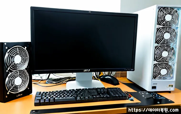 광명동 본체 꺼졌다 켜졌다 할때 - Photorealistic PC repair workstation in a compact Gwangmyeong apartment office, desktop tower repeat...
