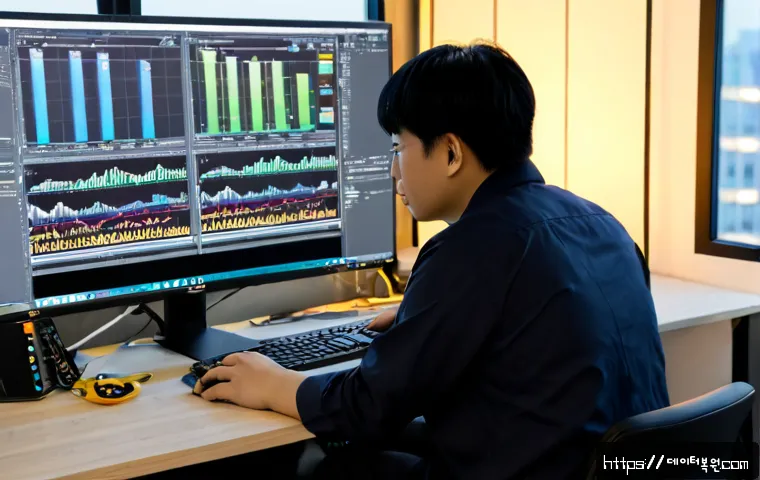 서교동 STATUS_KERNEL_MODULE_CORRUPTION - Photorealistic IT support workstation in a compact Seogyo-dong creative office, dual monitors showin...