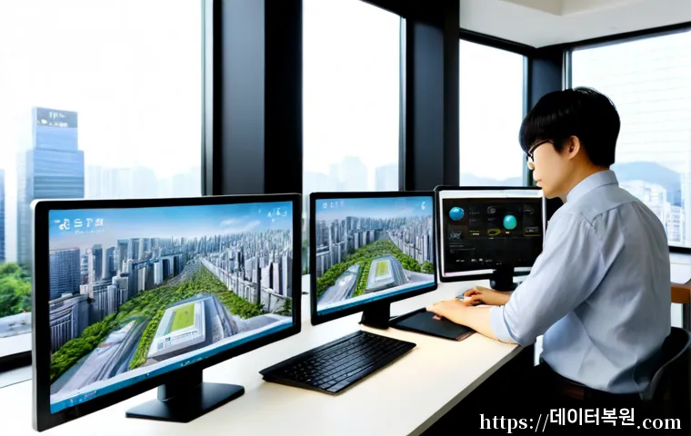 태평로 STATUS_IMAGE_INVALID - Photorealistic architectural visualization workstation in a refined central Seoul office, dual monit...