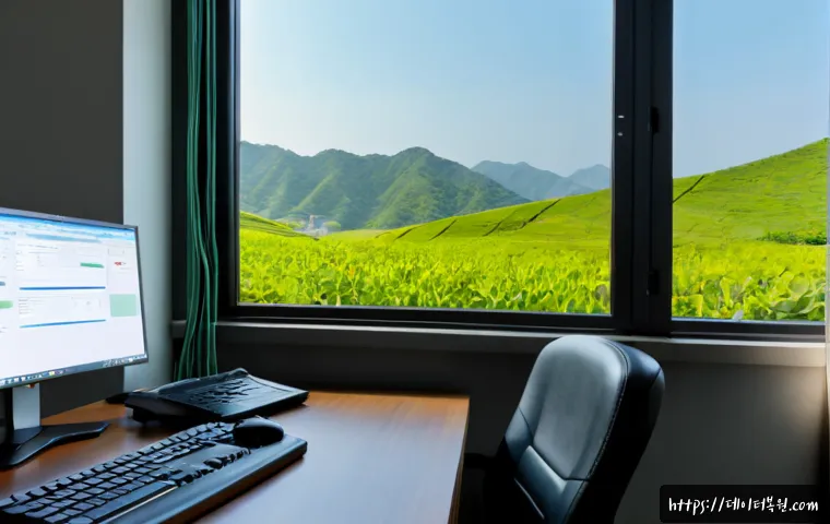 중부면 STATUS_FILE_READ_FAILURE - Photorealistic technical support workstation in a quiet central Korean county office, dual monitors ...