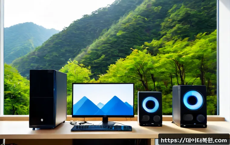 우이동 MEMORY_MANAGEMENT - Photorealistic workstation in a quiet hillside apartment near a forested mountain, dual monitors sho...