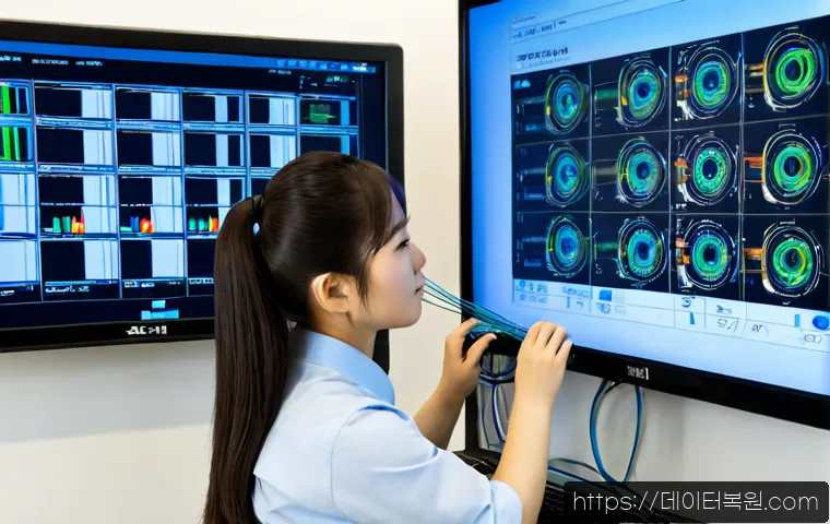 삼성동 THREAD_TERMINATION_PORT - Photorealistic enterprise workstation in a sleek Samseong-dong office tower, network engineer examin...