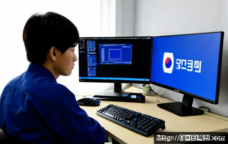 길동 STATUS_KERNEL_DRIVER_CORRUPTION - Photorealistic IT support workstation in a modern Gildong apartment office, dual monitors showing a ...
