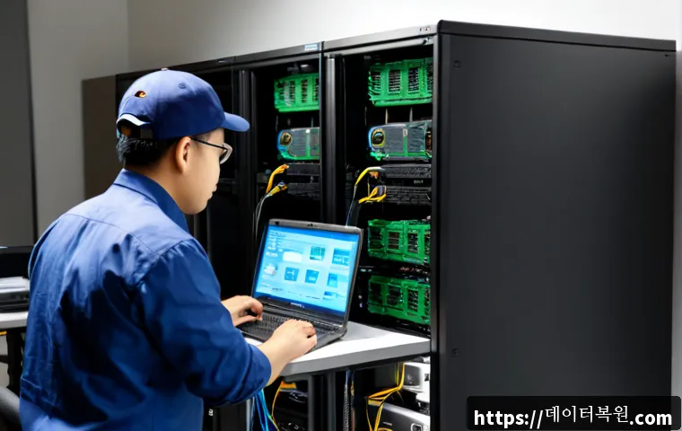 역동 NAS출장방문수리점 - Photorealistic NAS onsite repair in a compact modern office near a busy transit district, technician...