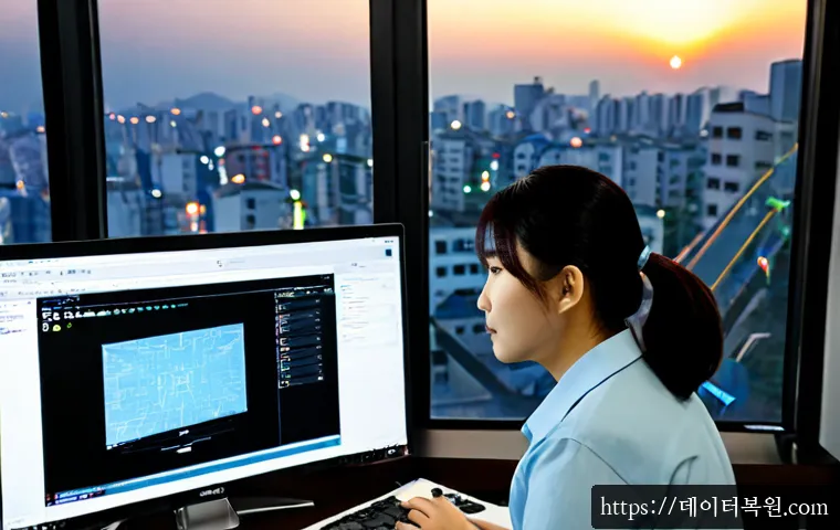 산천동 THREAD_TERMINATION_PORT - Photorealistic remote-support workstation in a compact Sancheon-dong apartment office, dual monitors...