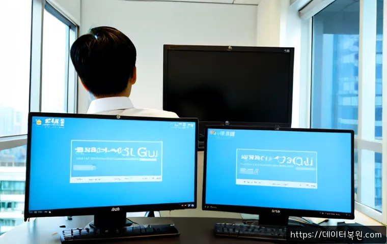 수송동 STATUS_KERNEL_DEVICE_ERROR - Photorealistic IT support workstation in a compact Jongno-gu office, dual monitors showing a blank b...
