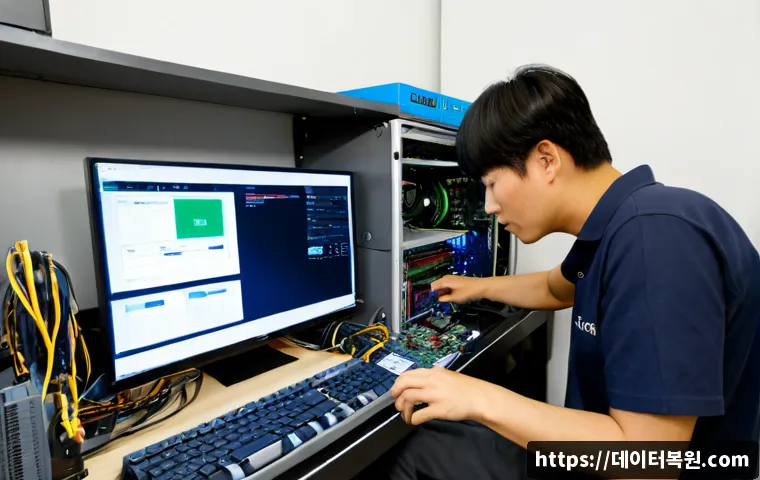 관철동 컴퓨터업그레이드 - Photorealistic computer upgrade service bench in a compact downtown Seoul electronics workshop, tech...