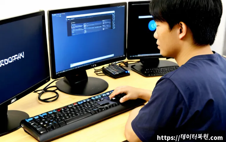 봉래동 Press Ctrl Alt Del to restart - Photorealistic remote-support workstation in Bongnae-dong, a technician using a compact desktop keyb...