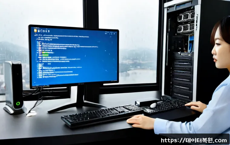 일산동 INACCESSIBLE_BOOT_DEVICE - Photorealistic IT support workstation in Ilsandong, desktop tower opened beside dual monitors showin...