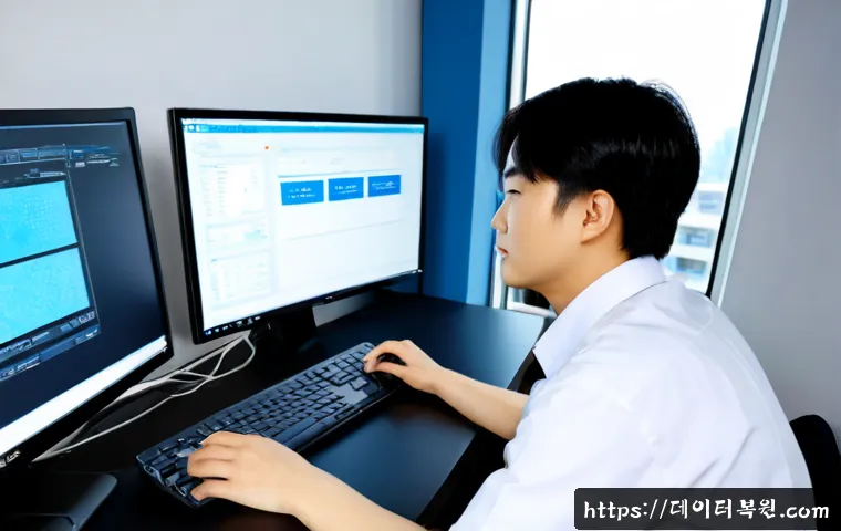 월계동 DRIVER_VERIFIER_DETECTED_VIOLATION - Photorealistic IT support workstation in Wolgye-dong, Seoul, dual monitors showing abstract blue dia...