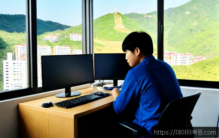상도동 VENDOR_DEFINED_ERROR - Photorealistic remote-support workstation in a compact Sangdo-dong apartment office, dual monitors s...