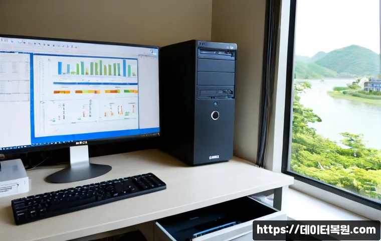 행주동 STATUS_DISK_CORRUPTION - Photorealistic IT recovery workstation in a quiet Haengju-dong home office, dual monitors showing ab...