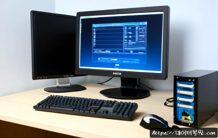 능곡동 STATUS_FILE_WRITE_FAILURE - Photorealistic IT support workstation in a modern Korean neighborhood office, dual monitors showing ...