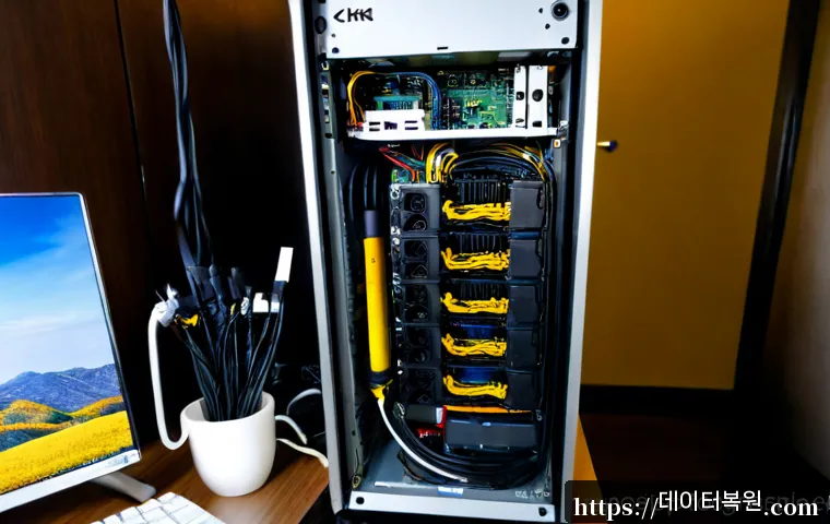 숭인동 파워조립 및 교체수리 - Photorealistic compact PC repair workstation in Sungin-dong, technician installing a new modular pow...