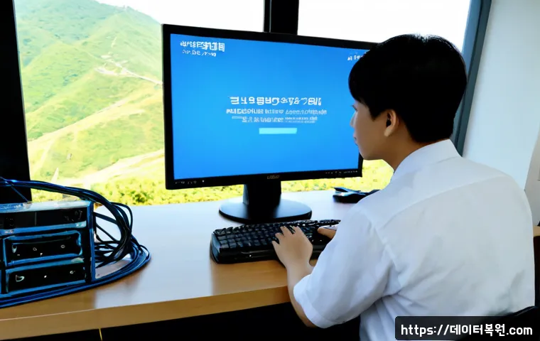 봉원동 UNEXPECTED_KERNEL_MODE_TRAP - Photorealistic remote IT support workstation in Bongwon-dong, Seoul, dual monitors showing a blank b...