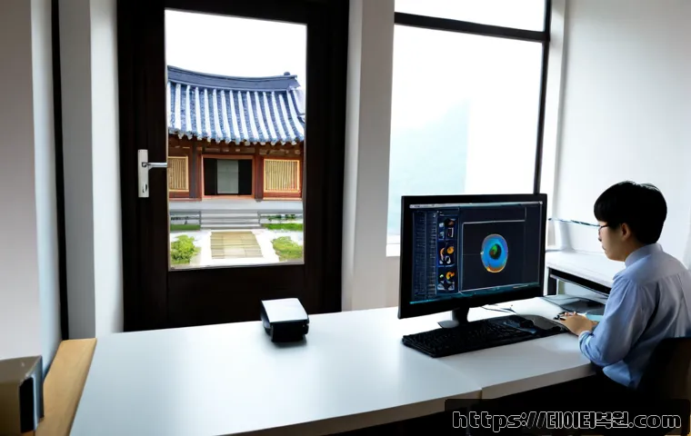안국동 STATUS_KERNEL_SECURITY_CHECK - Photorealistic architectural CAD workstation in a quiet Anguk-dong studio, dual monitors showing unl...