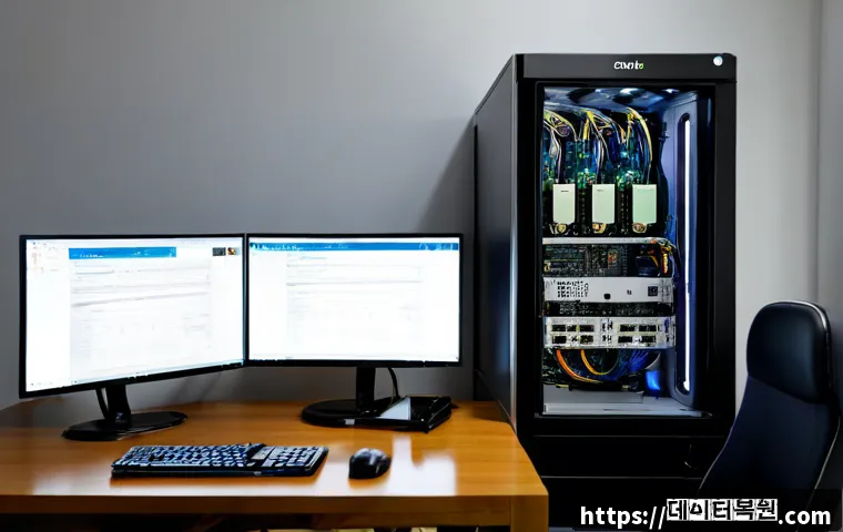 중곡동 본체 꺼졌다 켜졌다 할때 - Photorealistic remote-support workstation in a compact Junggok-dong apartment office, desktop tower ...