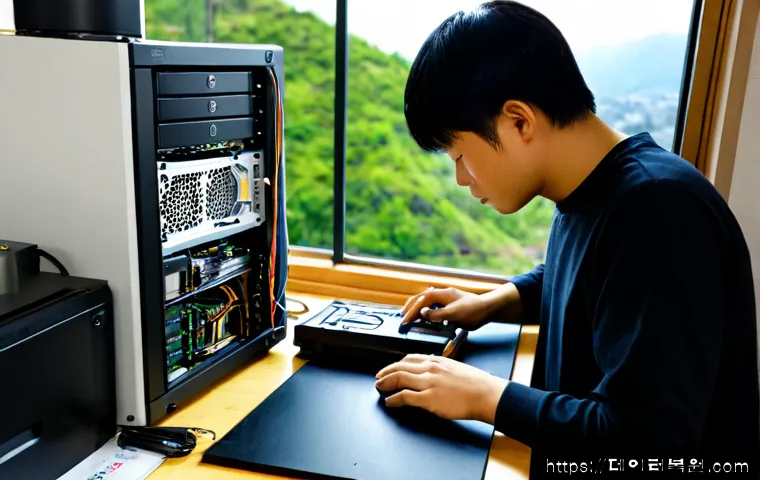 신영동 HDD조립 및 교체수리 - Photorealistic computer repair bench in a compact neighborhood workshop, technician carefully instal...