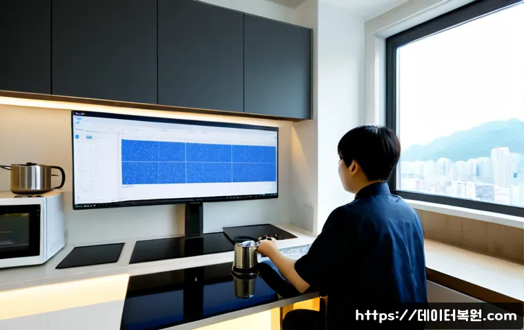 식사동 STATUS_FLOAT_INVALID_OPERATION - Photorealistic remote-support workstation in a modern Korean apartment kitchen, IT technician examin...