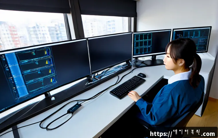 조원동 네트워크구축 설정 및 세팅오류해결 - Photorealistic network technician configuring a compact office workstation, dual monitors displaying...