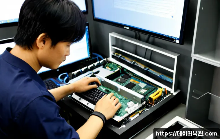 강남구 메모리조립 및 교체수리 - Photorealistic computer repair workstation in Gangnam, Seoul, technician wearing antistatic wrist st...