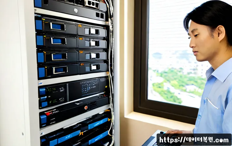 북한동 파일서버출장방문수리점 - Photorealistic on-site file server repair in a compact residential office, technician diagnosing a r...