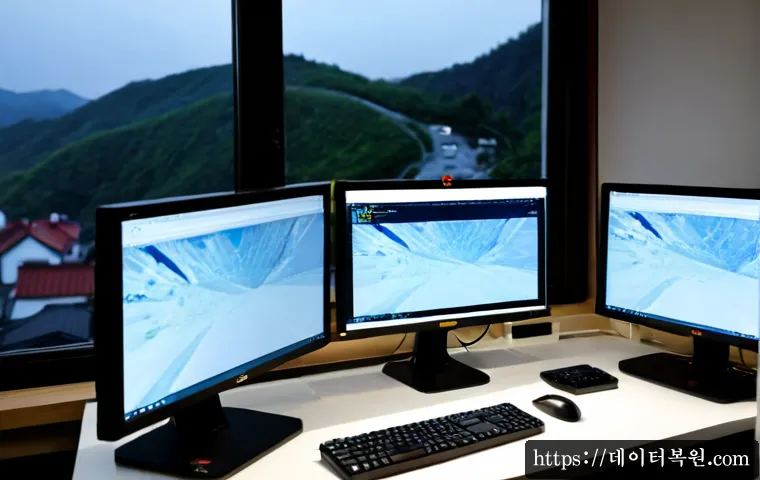 성북구 STATUS_IO_TIMEOUT - Photorealistic IT support workstation in a compact Seongbuk-gu design studio, dual monitors showing ...