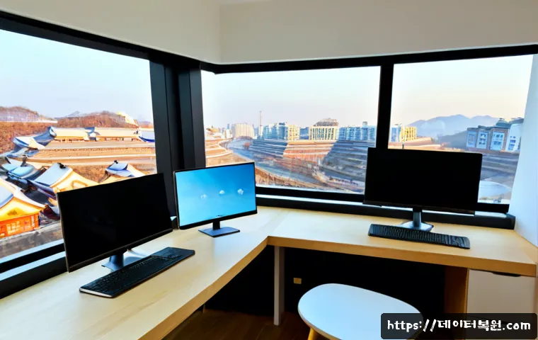 망원동 STATUS_ILLEGAL_INSTRUCTION - Photorealistic modern workstation in a Mangwon-dong inspired compact design studio, ultra-wide monit...