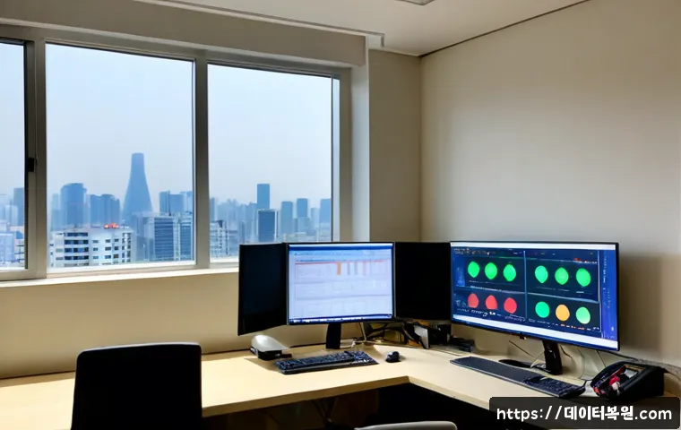 상일동 STATUS_KERNEL_LOG_FAILURE - Photorealistic IT support workstation in a quiet Sangil-dong apartment office, dual monitors showing...