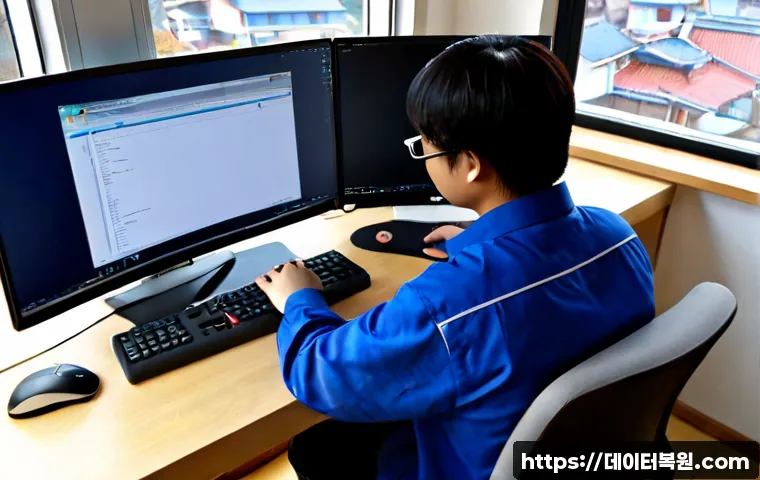 현천동 STATUS_FILE_NOT_FOUND - Photorealistic remote-support workstation in a quiet Korean residential district, dual monitors show...