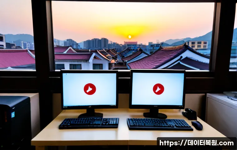 관훈동 STATUS_MEMORY_ACCESS_DENIED - Photorealistic IT support workstation in Gwanhun-dong, Seoul, dual monitors showing a blank software...