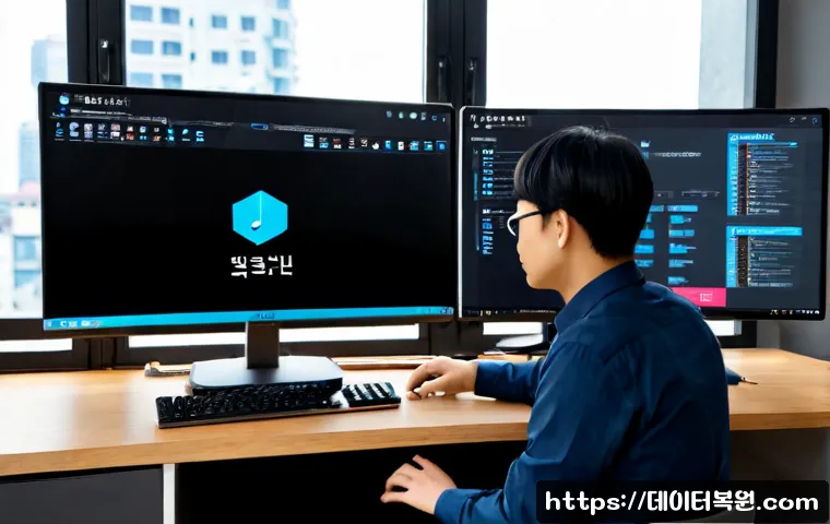 대흥동 STATUS_FILE_LOCK_CONFLICT - Photorealistic remote-support workstation in a compact Daeheung-dong office, dual monitors showing a...