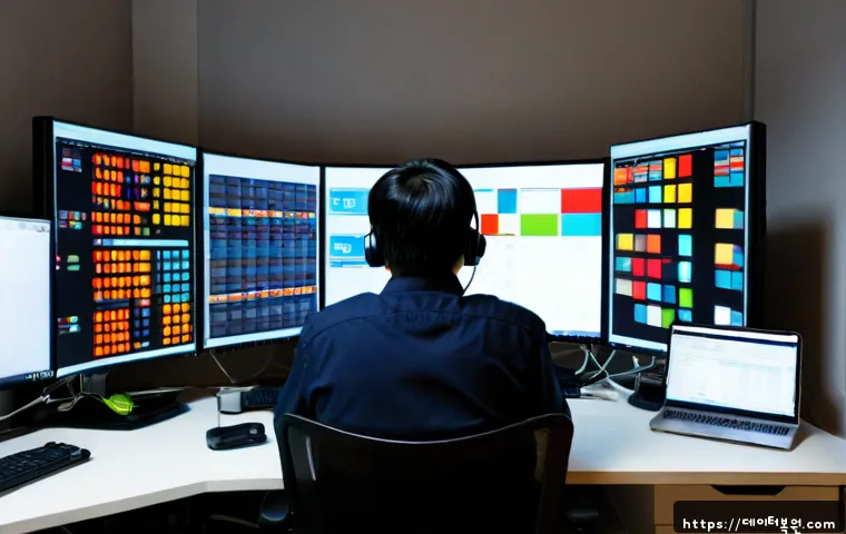 장안동 STATUS_DISK_FULL - Photorealistic IT support workstation in a compact Jangandong office, frustrated technician facing a...