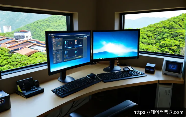 성북동 STATUS_KERNEL_MODULE_FAILURE - Photorealistic IT support workstation in a quiet hillside Seoul home office, dual monitors showing a...