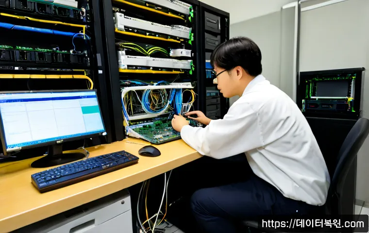 군자동 서버출장방문수리점 - Photorealistic IT technician performing onsite server repair in a compact Gunja-dong office, open ra...