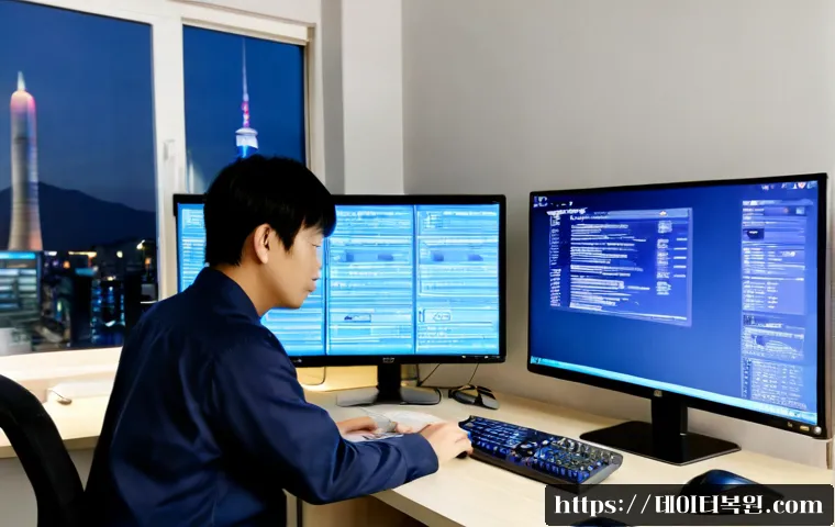 서대문구 PAGE_FAULT_IN_NONPAGED_AREA - Photorealistic IT support workstation in Seodaemun-gu, Seoul, dual monitors showing a blank blue sys...