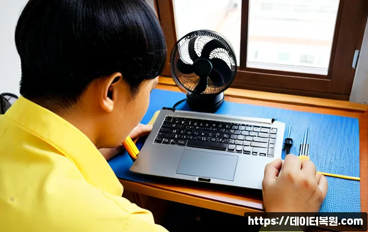 돈암동 노트북 laptop 출장방문수리점 - Photorealistic onsite laptop repair in a compact Donam-dong apartment workspace, skilled technician ...