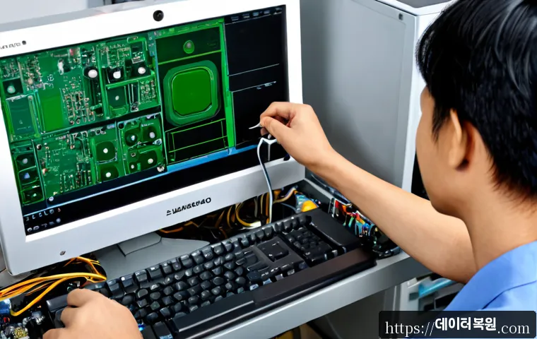 구수동 아이맥 판매 및 수리 - Photorealistic electronics repair workshop in Gusudong, a sleek silver all-in-one desktop computer o...