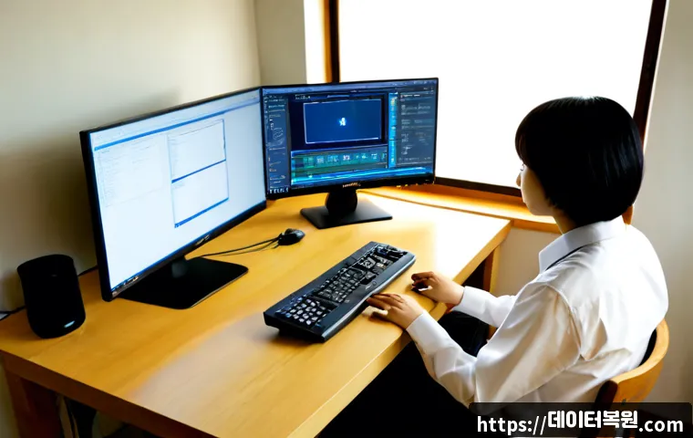 화동 STATUS_MEMORY_VIOLATION - Photorealistic remote-support workstation in a quiet Hwadong-inspired studio, dual monitors showing ...