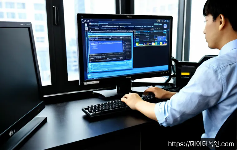 홍파동 WHEA_UNCORRECTABLE_ERROR - Photorealistic remote IT support workstation in a compact Hongpa-dong office, desktop monitor showin...