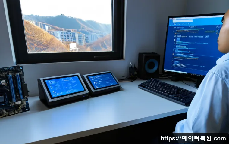 도원동 KERNEL_DATA_INPAGE_ERROR - Photorealistic IT support workstation in a compact neighborhood office, dual monitors showing a text...