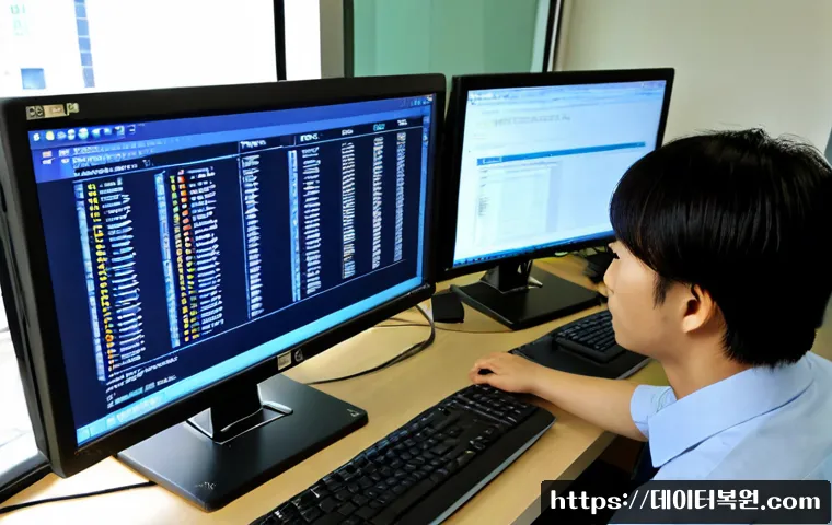 일직동 STATUS_IMAGE_CHECKSUM_MISMATCH - Photorealistic IT support workstation in Iljik-dong, dual monitors showing a clean abstract file int...