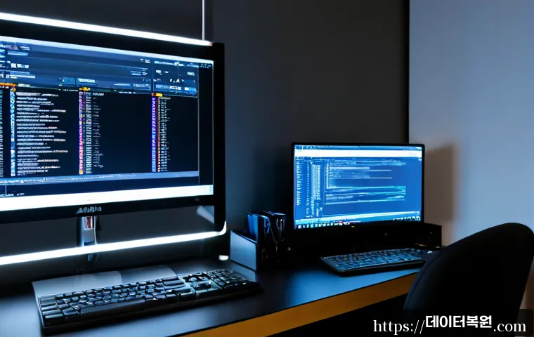 암사동 STATUS_DISK_CORRUPTION - Photorealistic IT support workstation in a compact Amsa-dong apartment office, dual monitors showing...