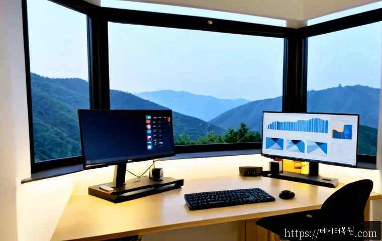 홍은동 STATUS_FLOAT_UNDERFLOW - Photorealistic remote-support workstation in a compact hillside apartment, dual monitors displaying ...
