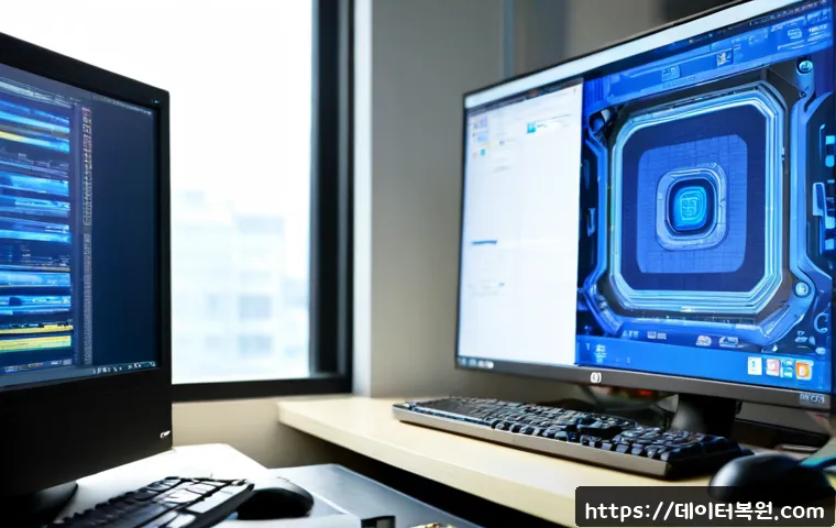 남창동 STATUS_KERNEL_DRIVER_CORRUPTION - Photorealistic IT support workstation in Namchang-dong, Seoul, dual monitors showing abstract blue s...